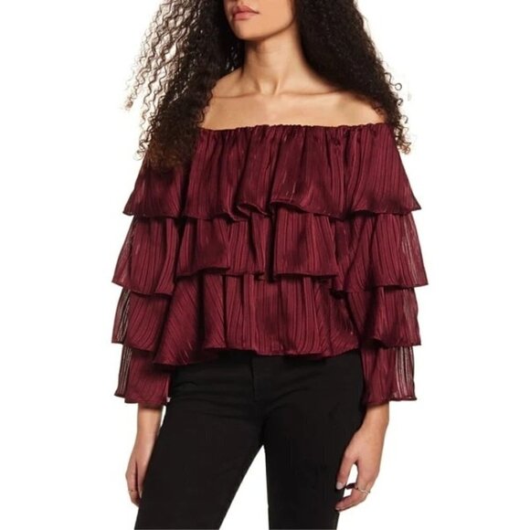 MINKPINK Tops - MINKPINK Burgundy Red In the Moment Ruffle Tiered Long Sleeve Blouse S